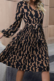 WOMEN LACE TRIM BACK BELTED LONG SLEEVE DRESS