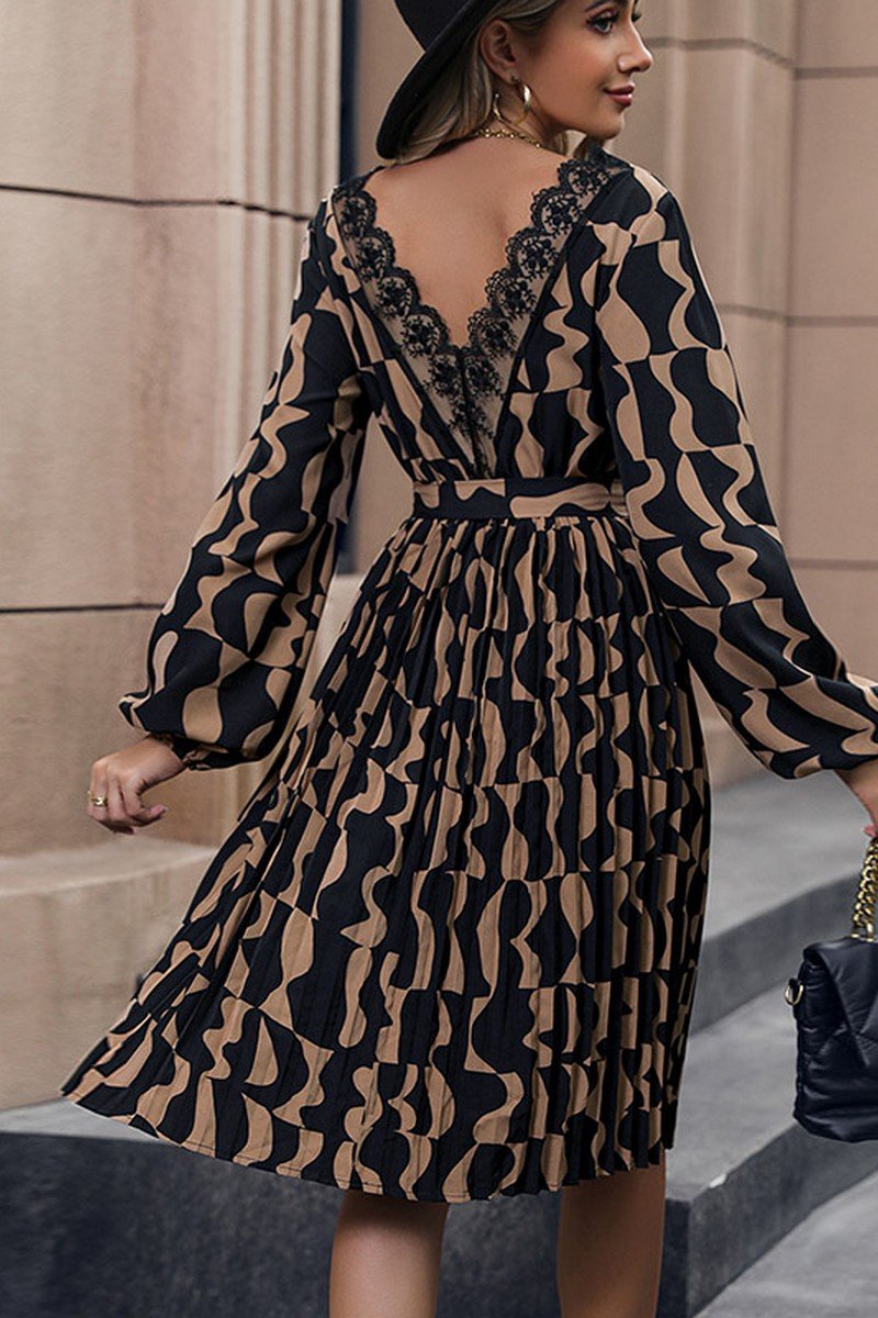 WOMEN LACE TRIM BACK BELTED LONG SLEEVE DRESS