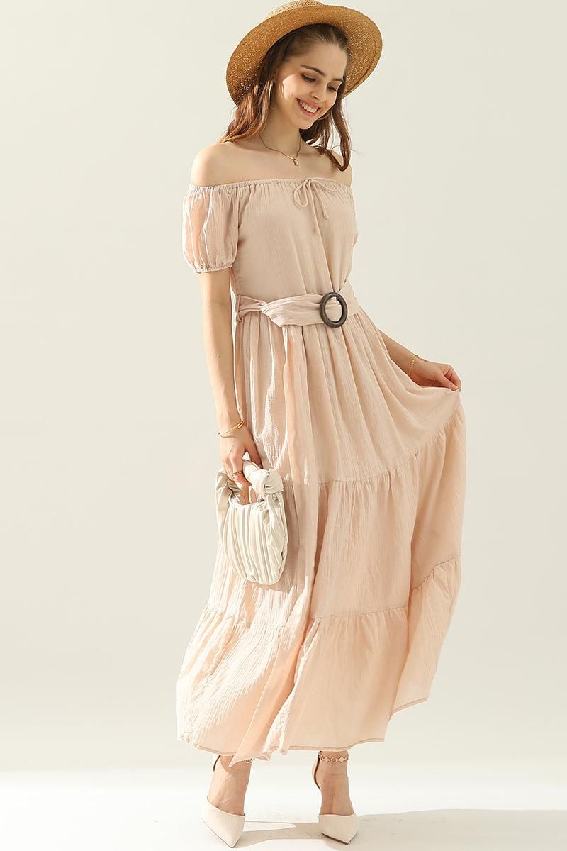 TIERED OFF SHOULDER SHORT SLEEVE MAXI DRESS - Doublju