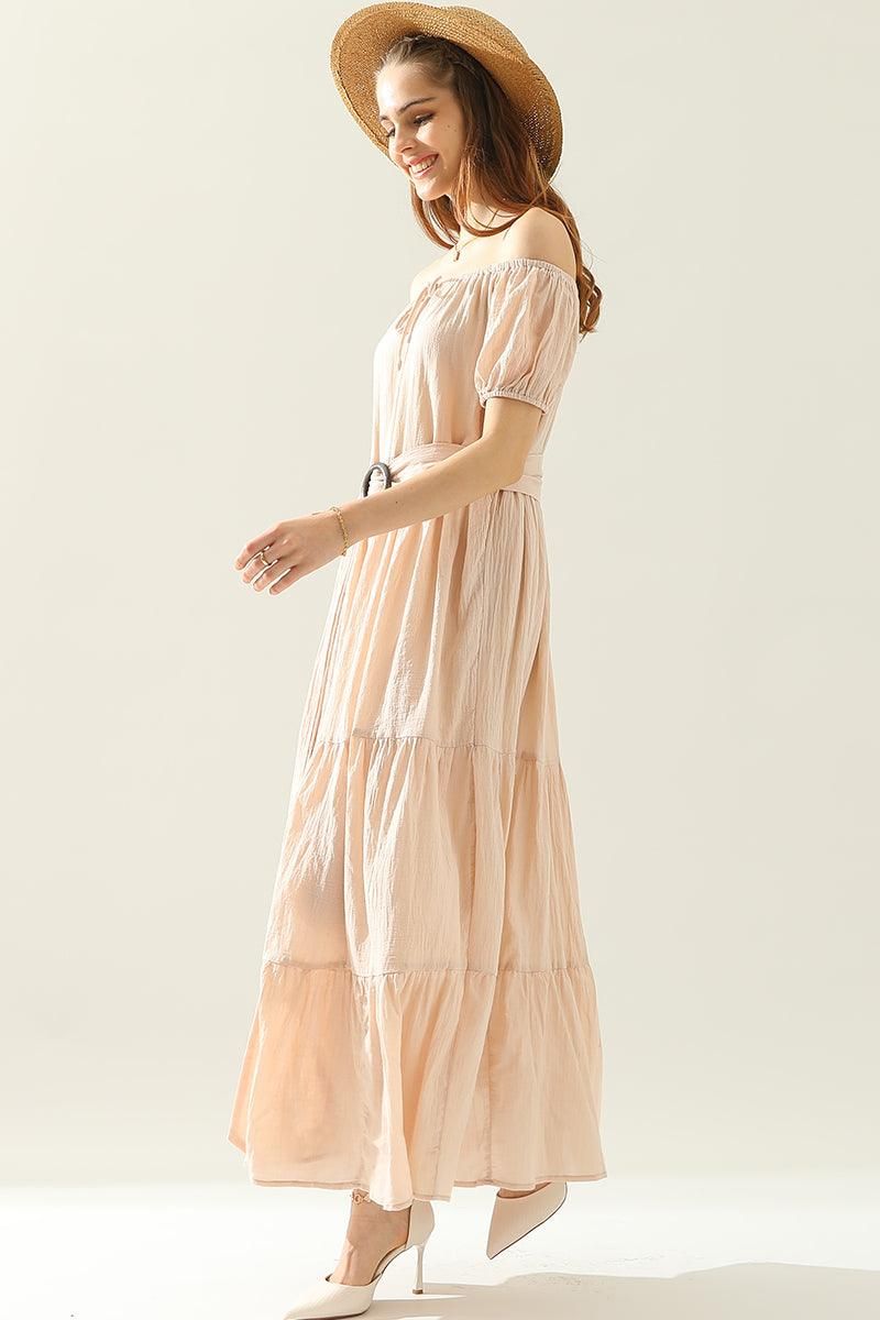 TIERED OFF SHOULDER SHORT SLEEVE MAXI DRESS - Doublju