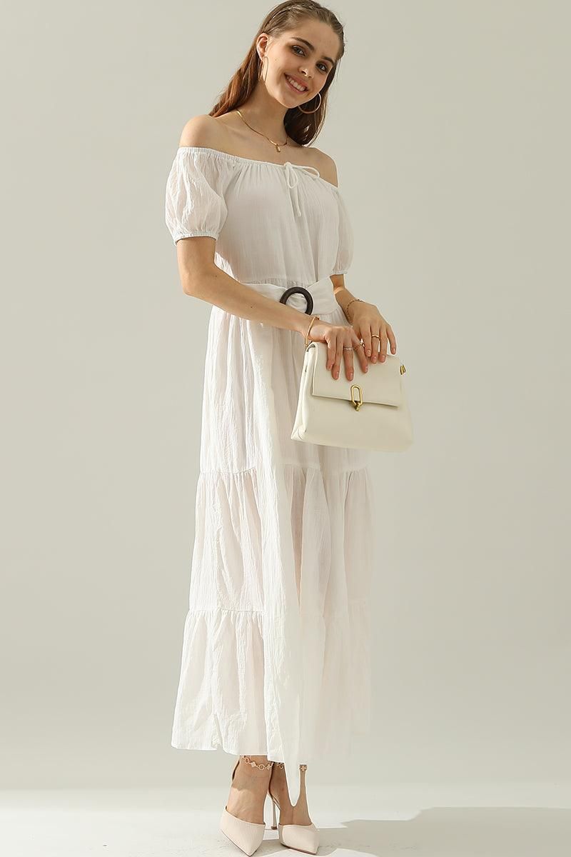 TIERED OFF SHOULDER SHORT SLEEVE MAXI DRESS - Doublju