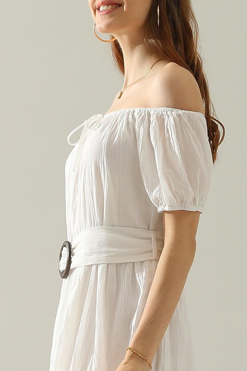 TIERED OFF SHOULDER SHORT SLEEVE MAXI DRESS - Doublju