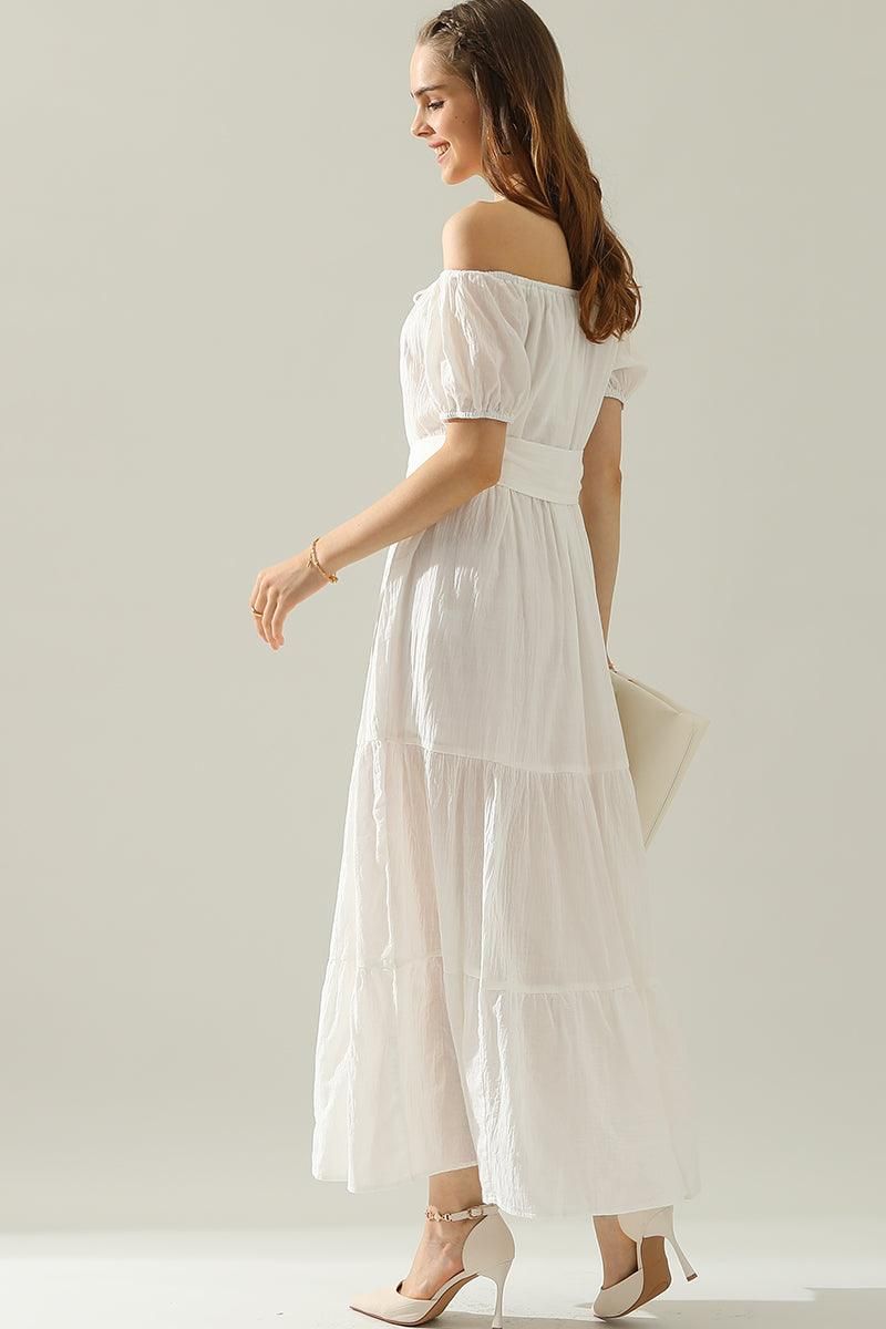 TIERED OFF SHOULDER SHORT SLEEVE MAXI DRESS - Doublju