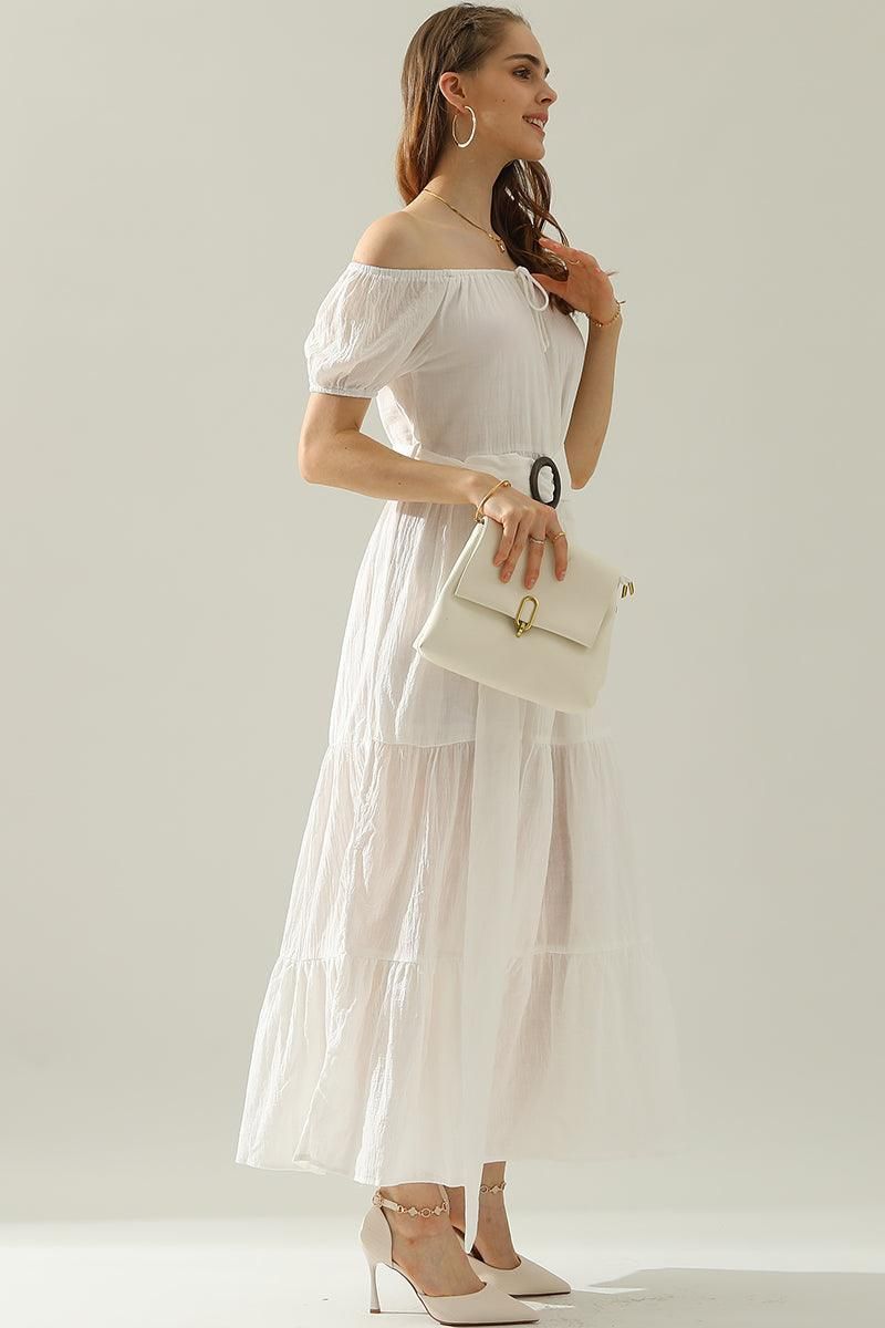 TIERED OFF SHOULDER SHORT SLEEVE MAXI DRESS - Doublju