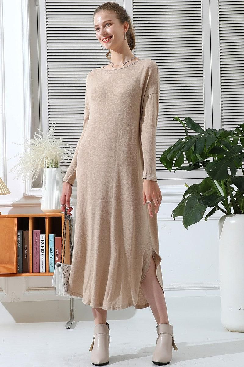 SOFT AND WARM ROUND NECK SWEATER KNIT TUNIC DRESS - Doublju