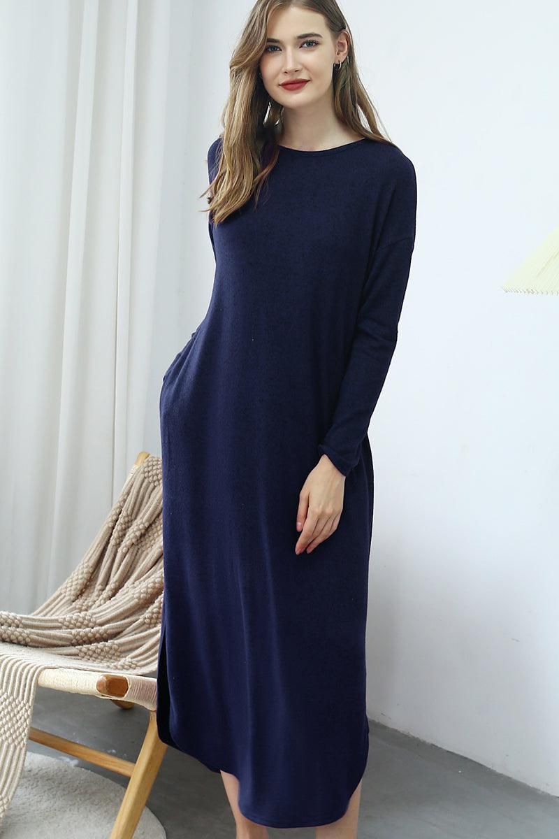 SOFT AND WARM ROUND NECK SWEATER KNIT TUNIC DRESS - Doublju