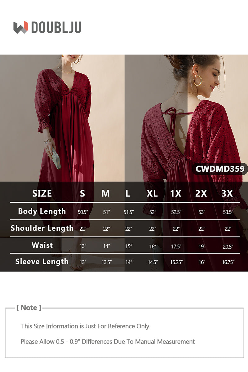 WOMEN'S DEEP V NECK LACE EYELET DRESS 3/4 SLEEVE CASUAL FLOWY SWING DRESS