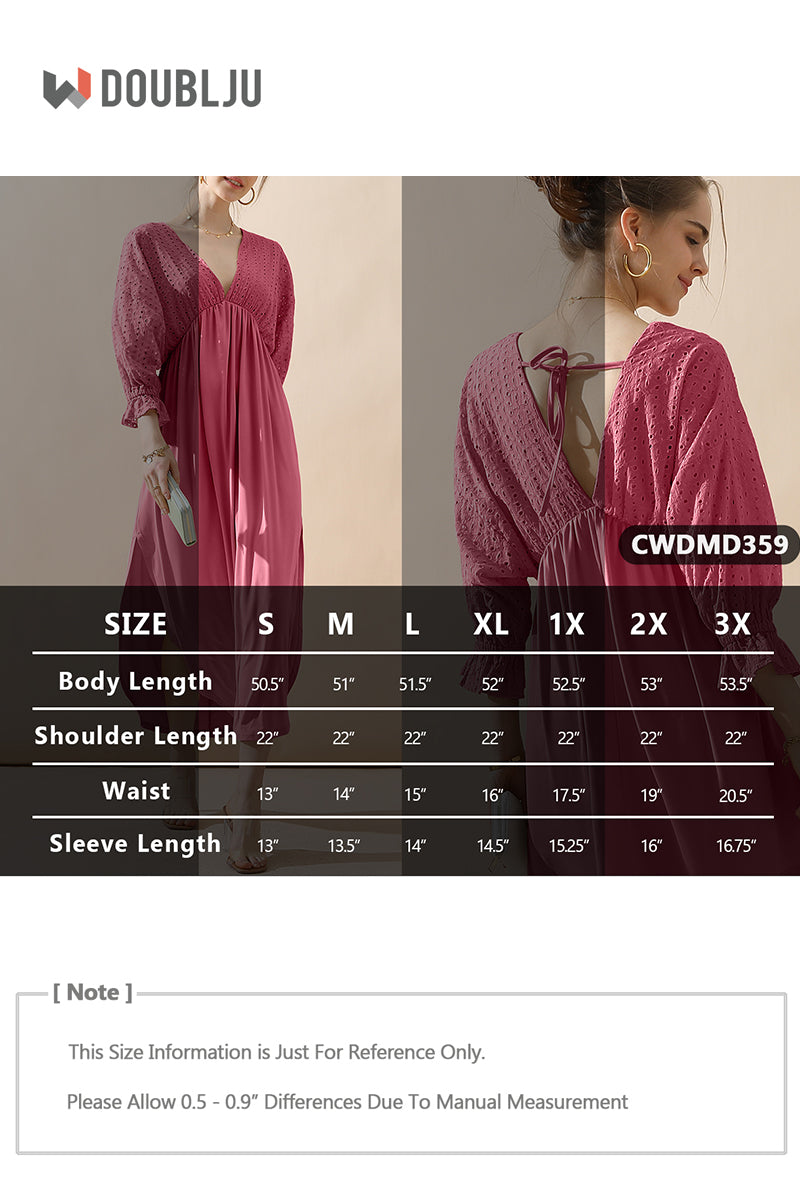 WOMEN'S DEEP V NECK LACE EYELET DRESS 3/4 SLEEVE CASUAL FLOWY SWING DRESS
