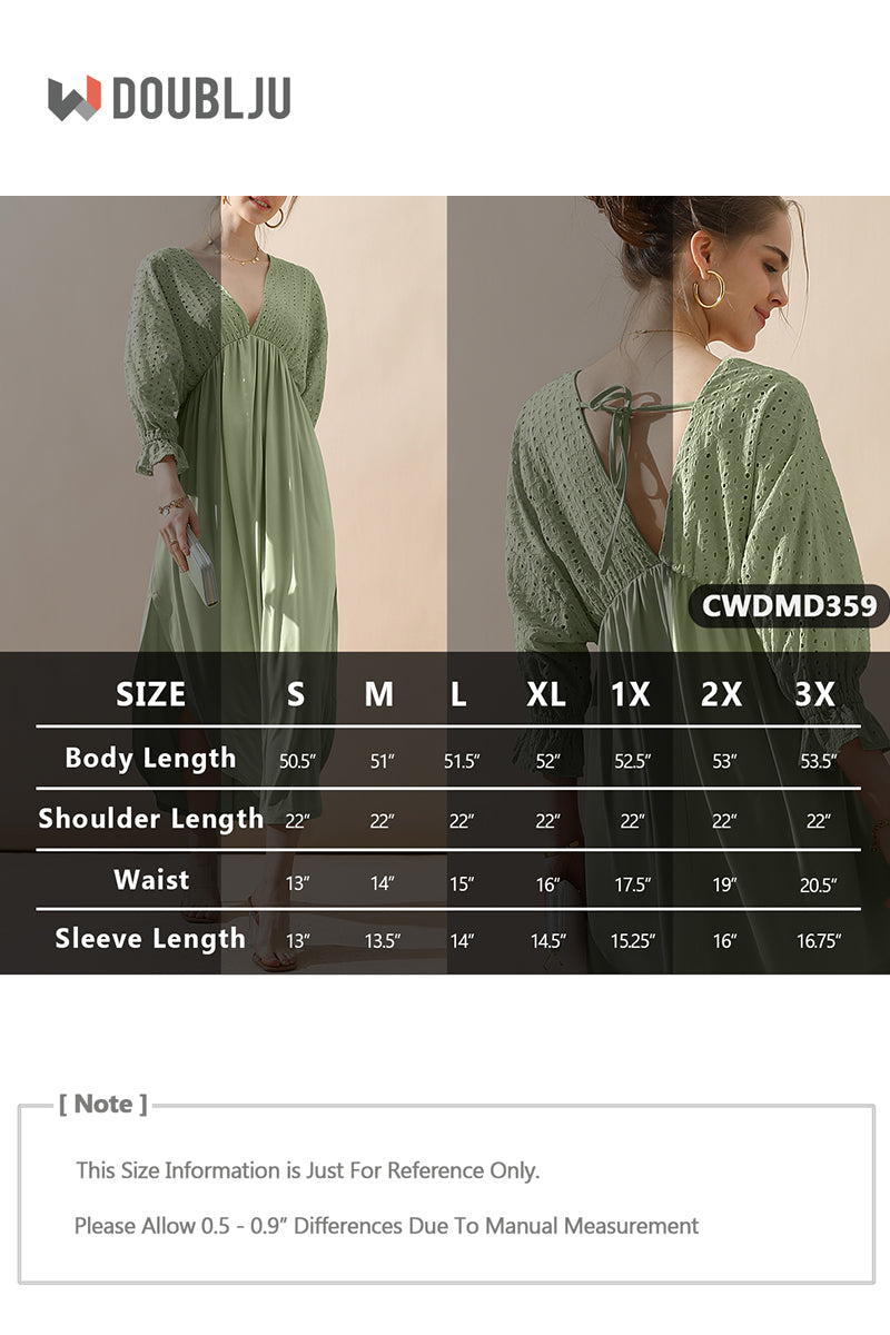 WOMEN'S DEEP V NECK LACE EYELET DRESS 3/4 SLEEVE CASUAL FLOWY SWING DRESS