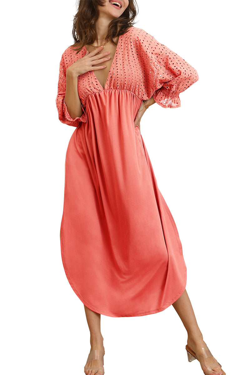 WOMEN'S DEEP V NECK LACE EYELET DRESS 3/4 SLEEVE CASUAL FLOWY SWING DRESS