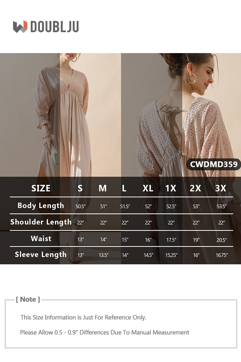 WOMEN'S DEEP V NECK LACE EYELET DRESS 3/4 SLEEVE CASUAL FLOWY SWING DRESS