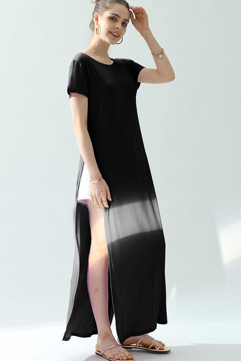 ROUND NECK SHORT SLEEVE LONG DRESS WITH SLIT - Doublju