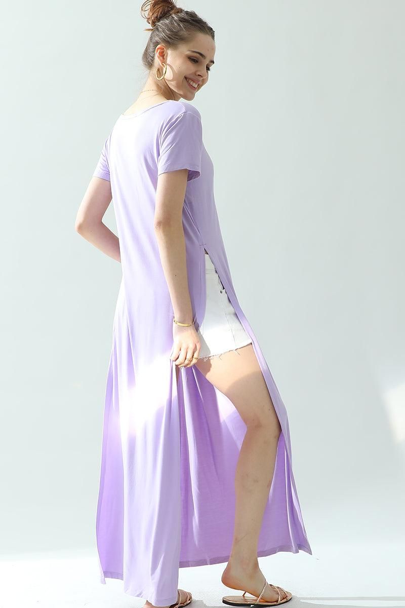 ROUND NECK SHORT SLEEVE LONG DRESS WITH SLIT - Doublju