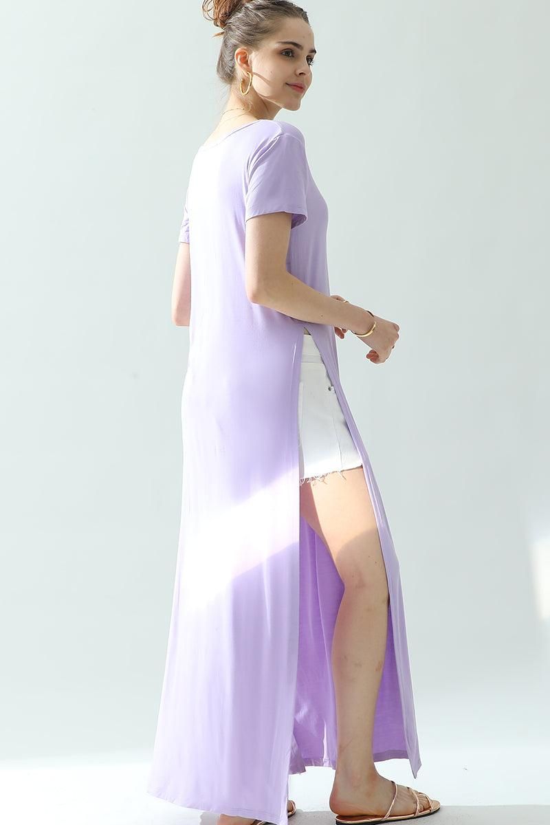 ROUND NECK SHORT SLEEVE LONG DRESS WITH SLIT - Doublju