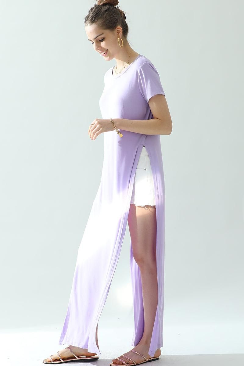 ROUND NECK SHORT SLEEVE LONG DRESS WITH SLIT - Doublju