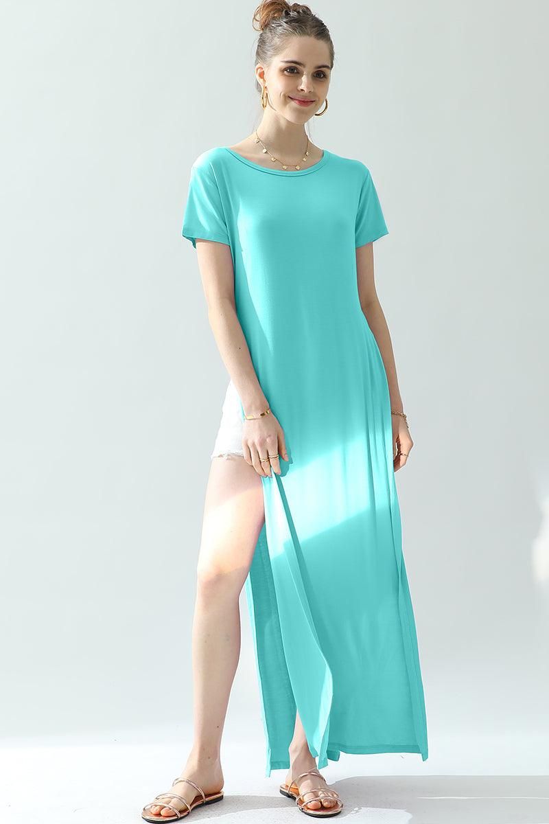 ROUND NECK SHORT SLEEVE LONG DRESS WITH SLIT - Doublju