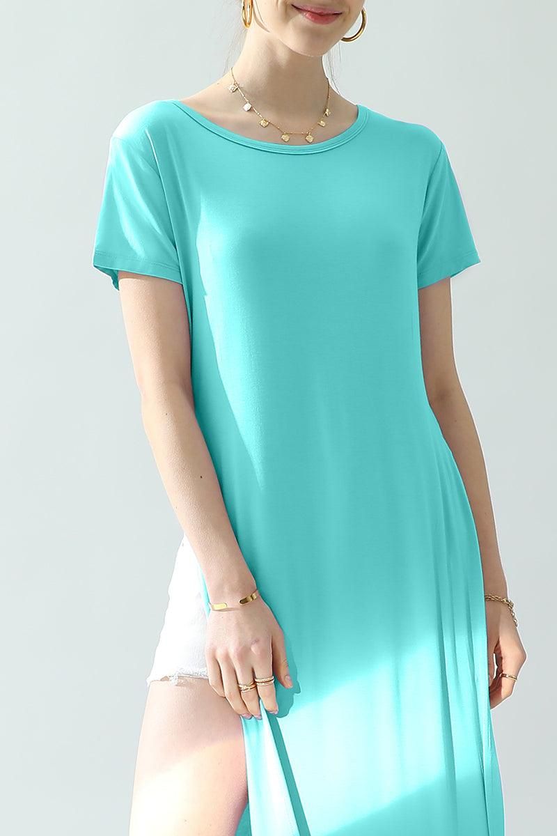 ROUND NECK SHORT SLEEVE LONG DRESS WITH SLIT - Doublju