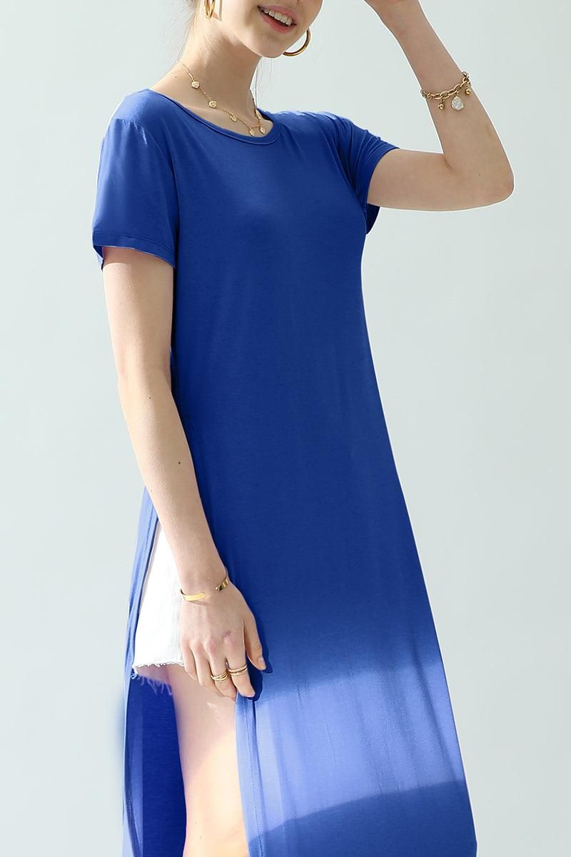 ROUND NECK SHORT SLEEVE LONG DRESS WITH SLIT - Doublju