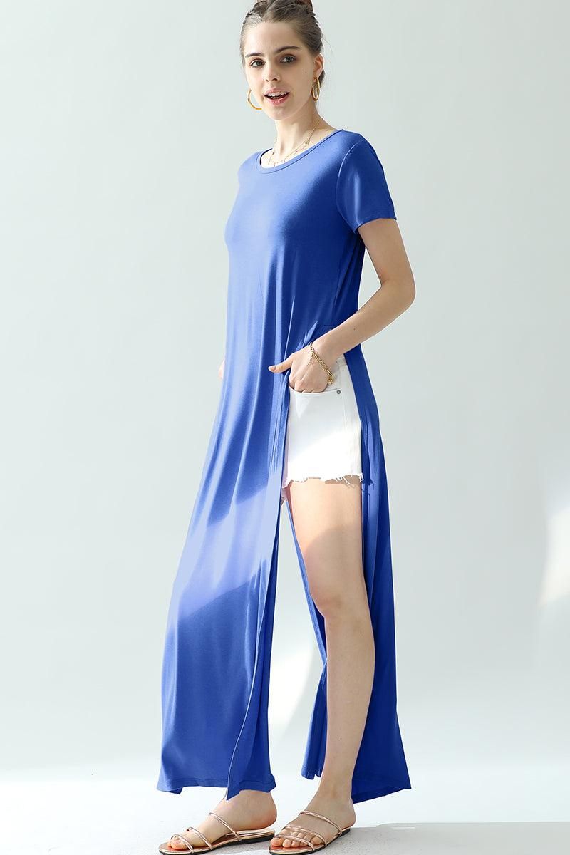 ROUND NECK SHORT SLEEVE LONG DRESS WITH SLIT - Doublju