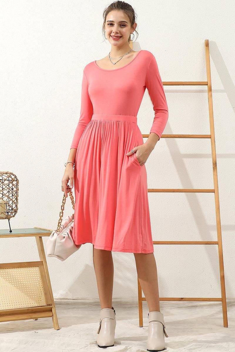 U NECK A LINE WAIST BANDED SWING KNEE LENGTH DRESS - Doublju