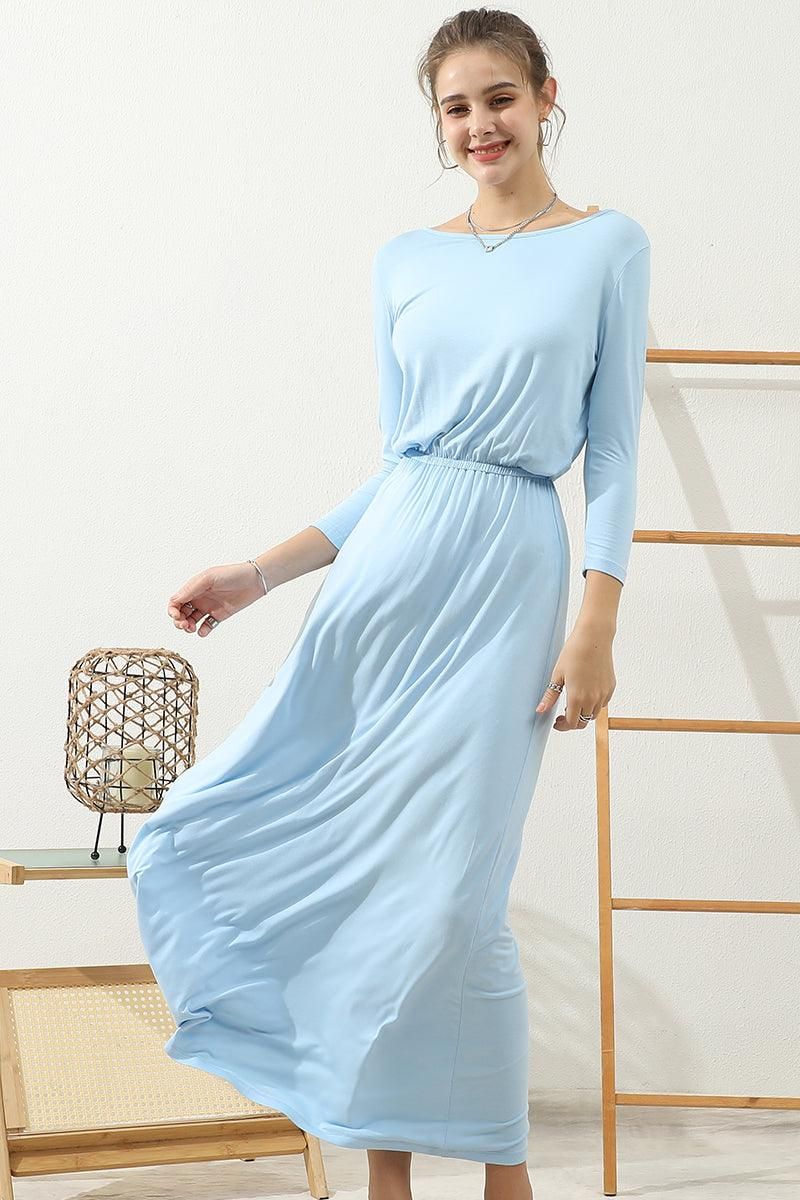 ROUND NECK WAIST BANDED MAIX LONG SOLID DRESS - Doublju