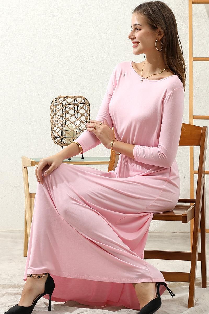 ROUND NECK WAIST BANDED MAIX LONG SOLID DRESS - Doublju