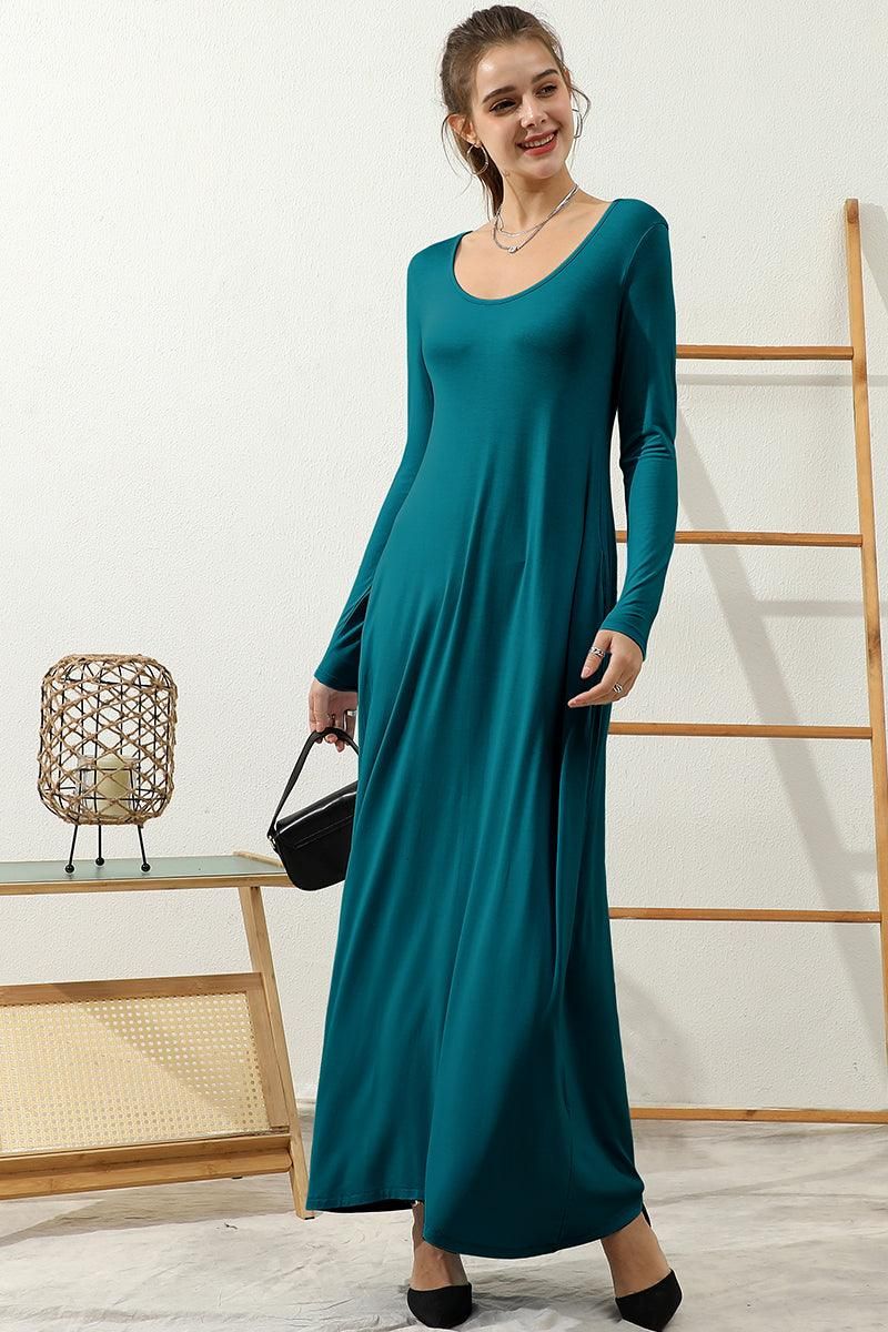 R NECK LOOSE FIT MAXI DRESS WITH SIDE POCKETS - Doublju