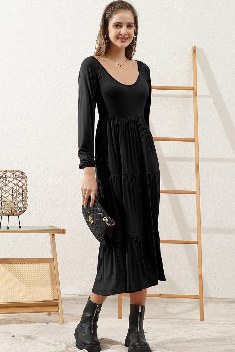 ROUND NECK TIRED CASUAL RUFFLE MAXI SOLID DRESS - Doublju