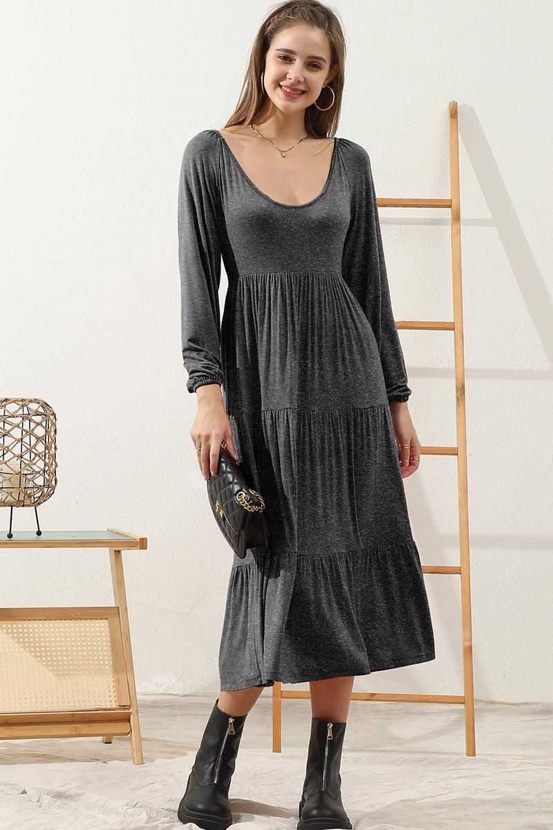 ROUND NECK TIRED CASUAL RUFFLE MAXI SOLID DRESS - Doublju