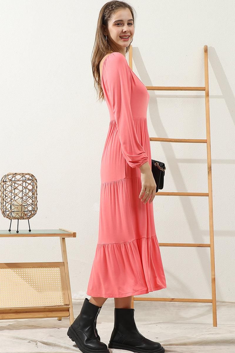 ROUND NECK TIRED CASUAL RUFFLE MAXI SOLID DRESS - Doublju