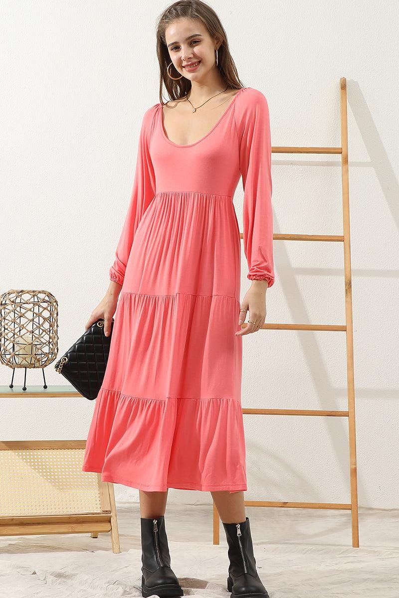 ROUND NECK TIRED CASUAL RUFFLE MAXI SOLID DRESS - Doublju