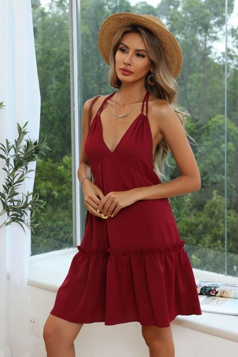 SEXY PURE COLOR BANDAGE PLEATED DRESS - Doublju