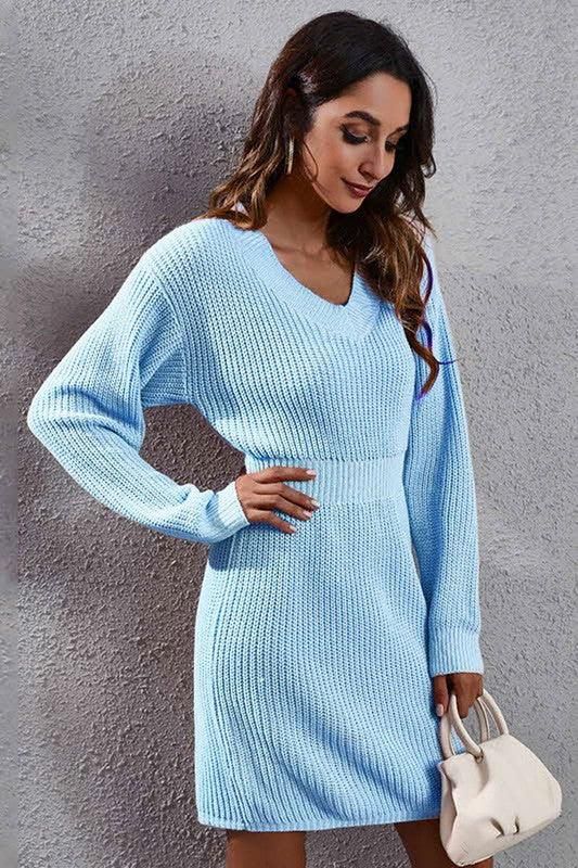 V NECK LONG SLEEVED WAIST SWEATER - Doublju