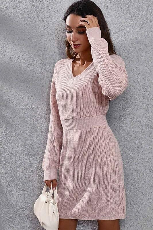 V NECK LONG SLEEVED WAIST SWEATER - Doublju