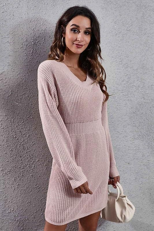 V NECK LONG SLEEVED WAIST SWEATER - Doublju