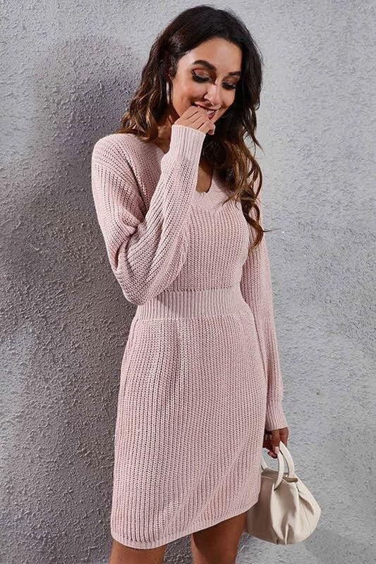 V NECK LONG SLEEVED WAIST SWEATER - Doublju