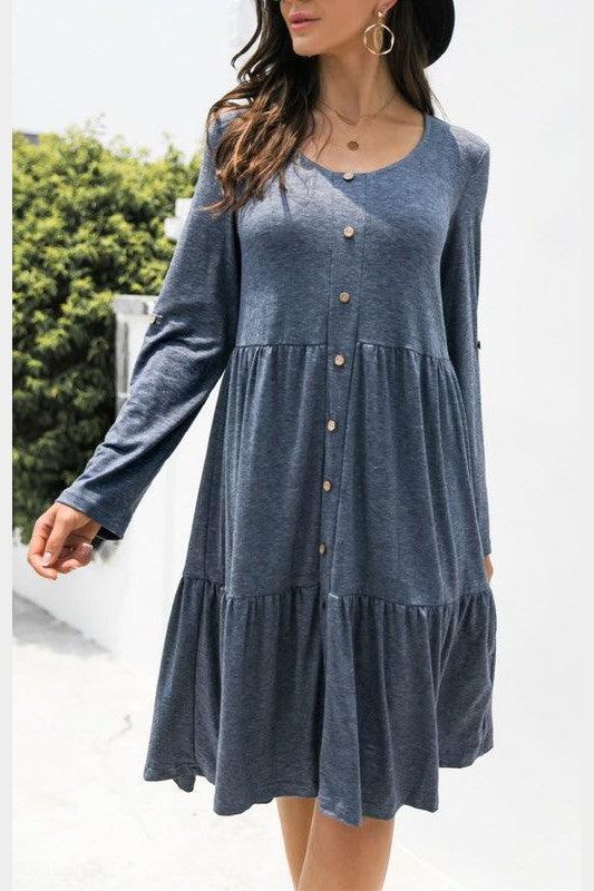 LOOSE CASUAL BUTTON DRESS - Doublju