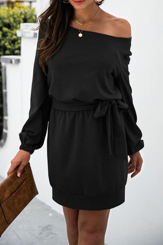 SOLID COLOR STITCHING LONG SLEEVED DRESS - Doublju