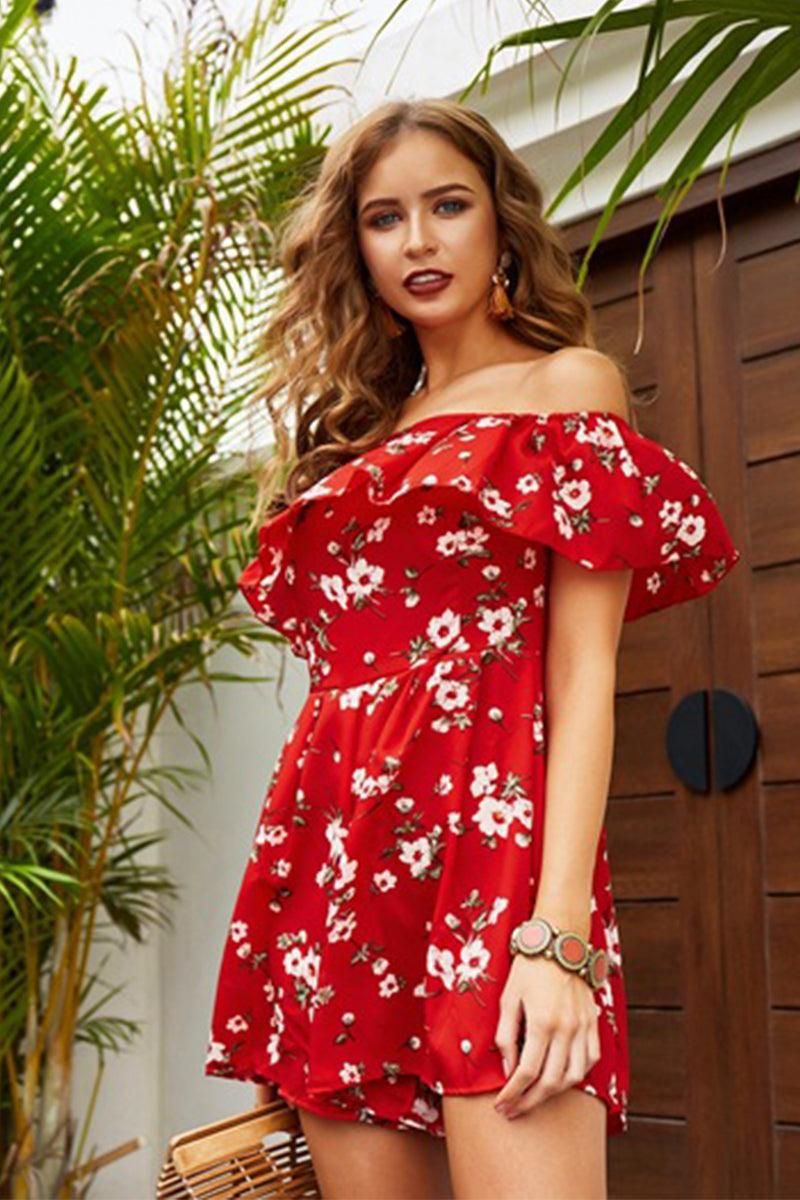 OFF SHOULDER FLORAL PRINTING SHORT DRESS - Doublju