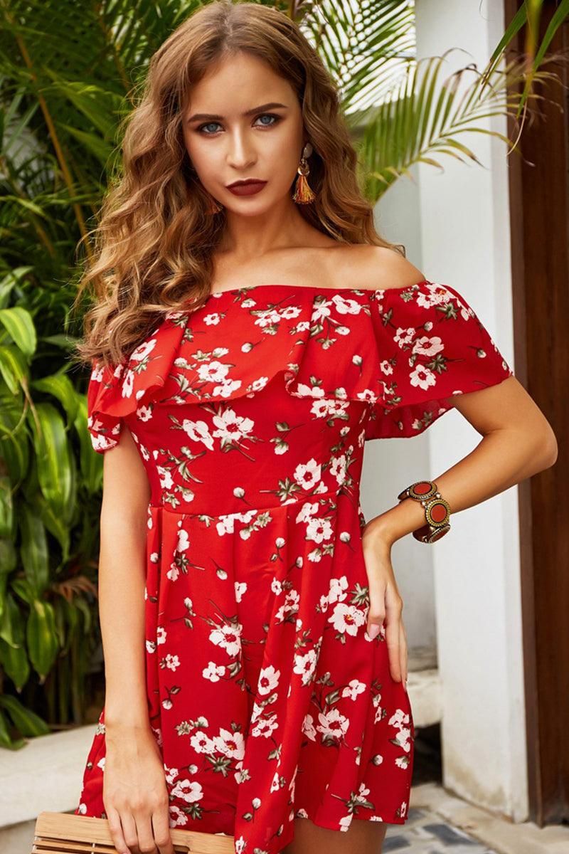 OFF SHOULDER FLORAL PRINTING SHORT DRESS - Doublju