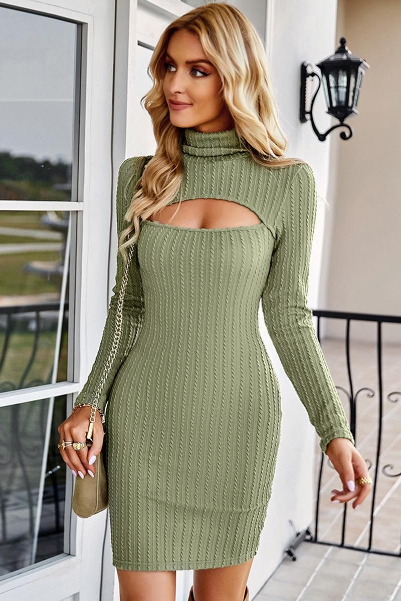 HOLLOW KNITTED TURTLE NECK MIDI DRESS - Doublju