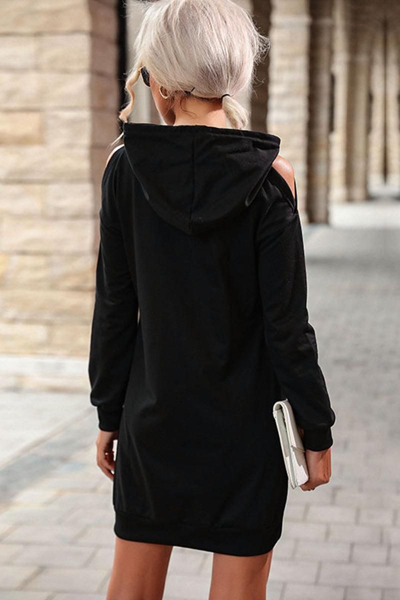 OFF SHOULDER HOODED CASUAL DRESS - Doublju