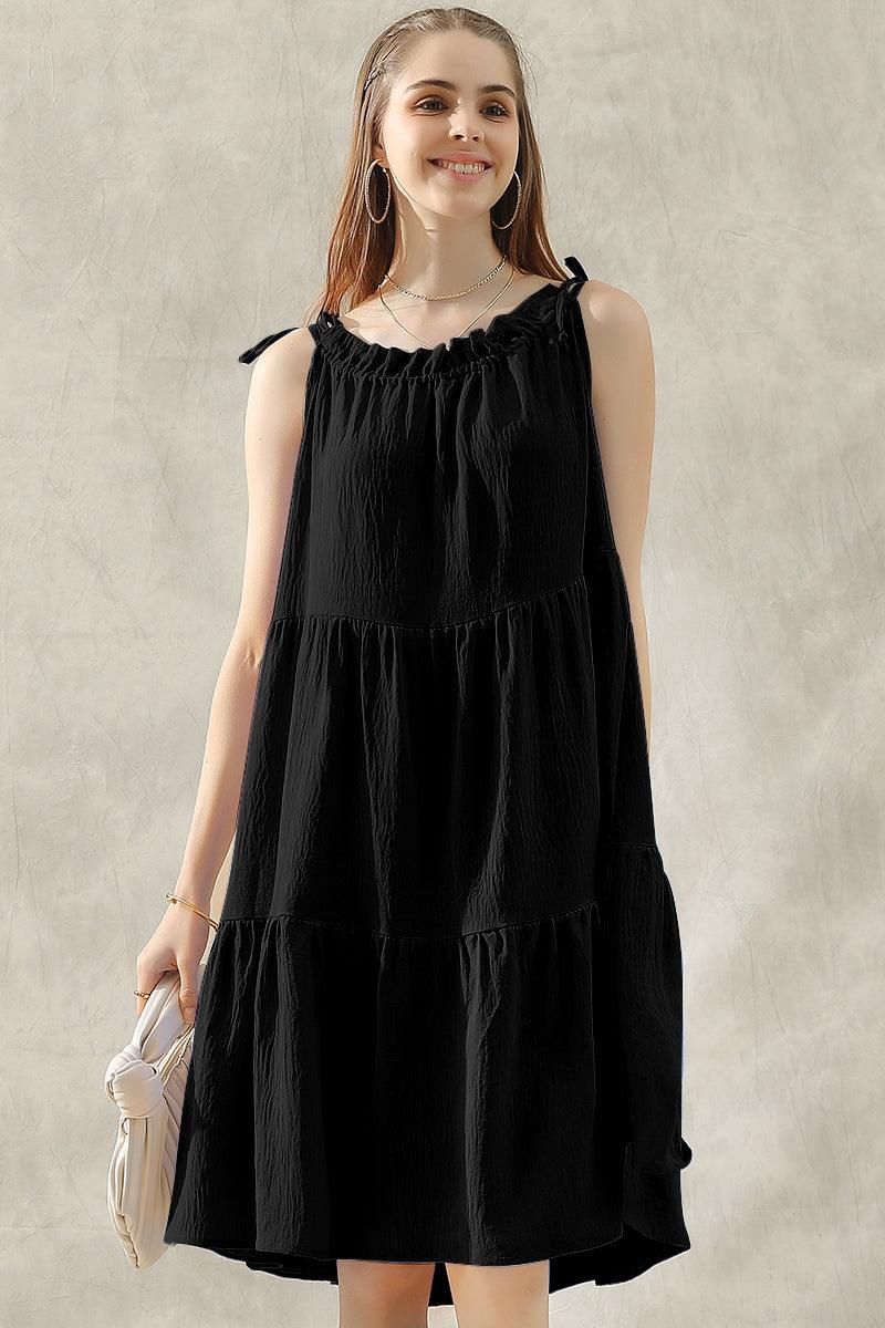 SHOULDER BOW TIE PRAIRIE DRESS - Doublju