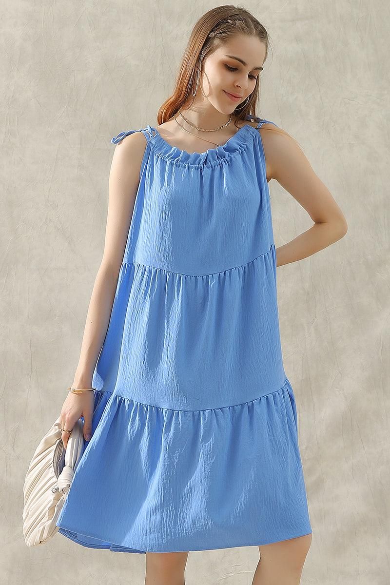 SHOULDER BOW TIE PRAIRIE DRESS - Doublju