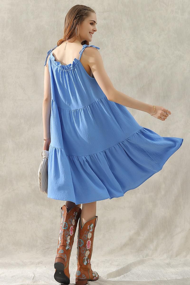 SHOULDER BOW TIE PRAIRIE DRESS - Doublju