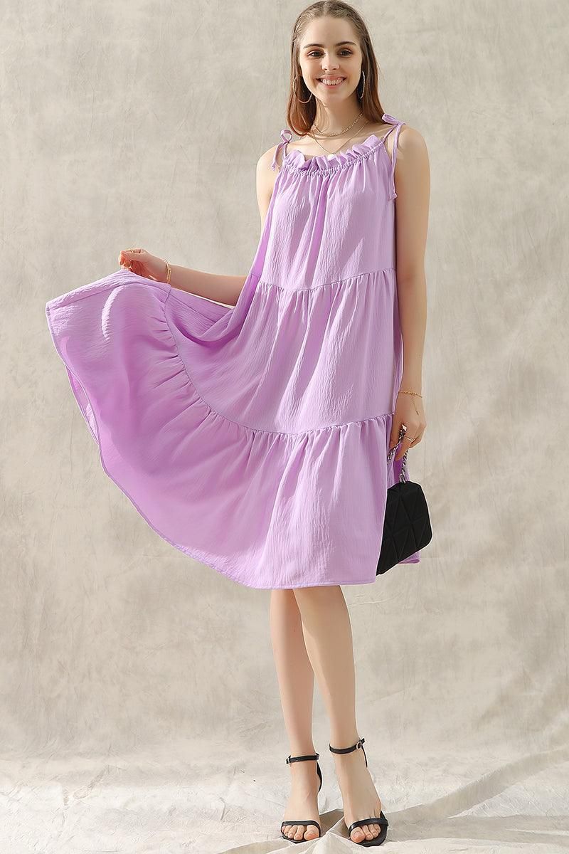 SHOULDER BOW TIE PRAIRIE DRESS - Doublju