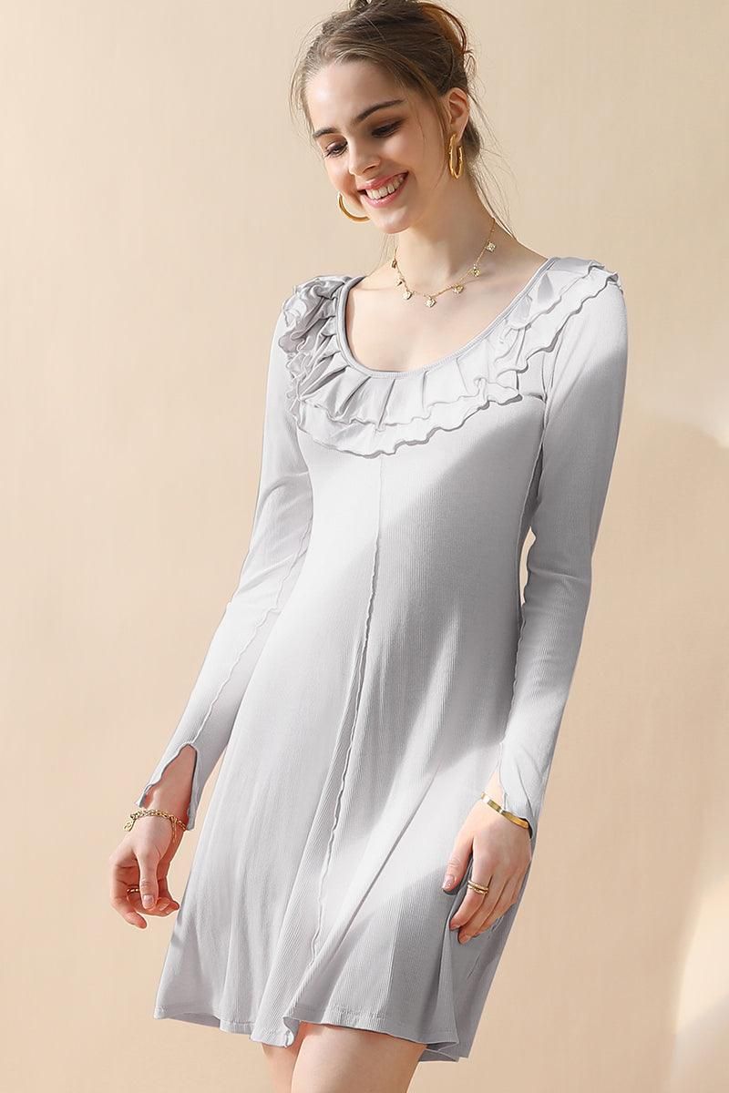 ROUND RUFFLE NECK A LINE DRESS WITH EXPOSED SEAM - Doublju