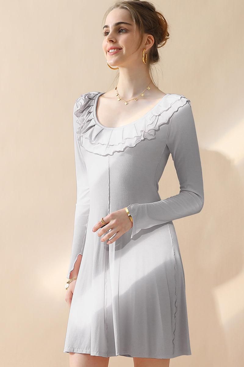 ROUND RUFFLE NECK A LINE DRESS WITH EXPOSED SEAM - Doublju