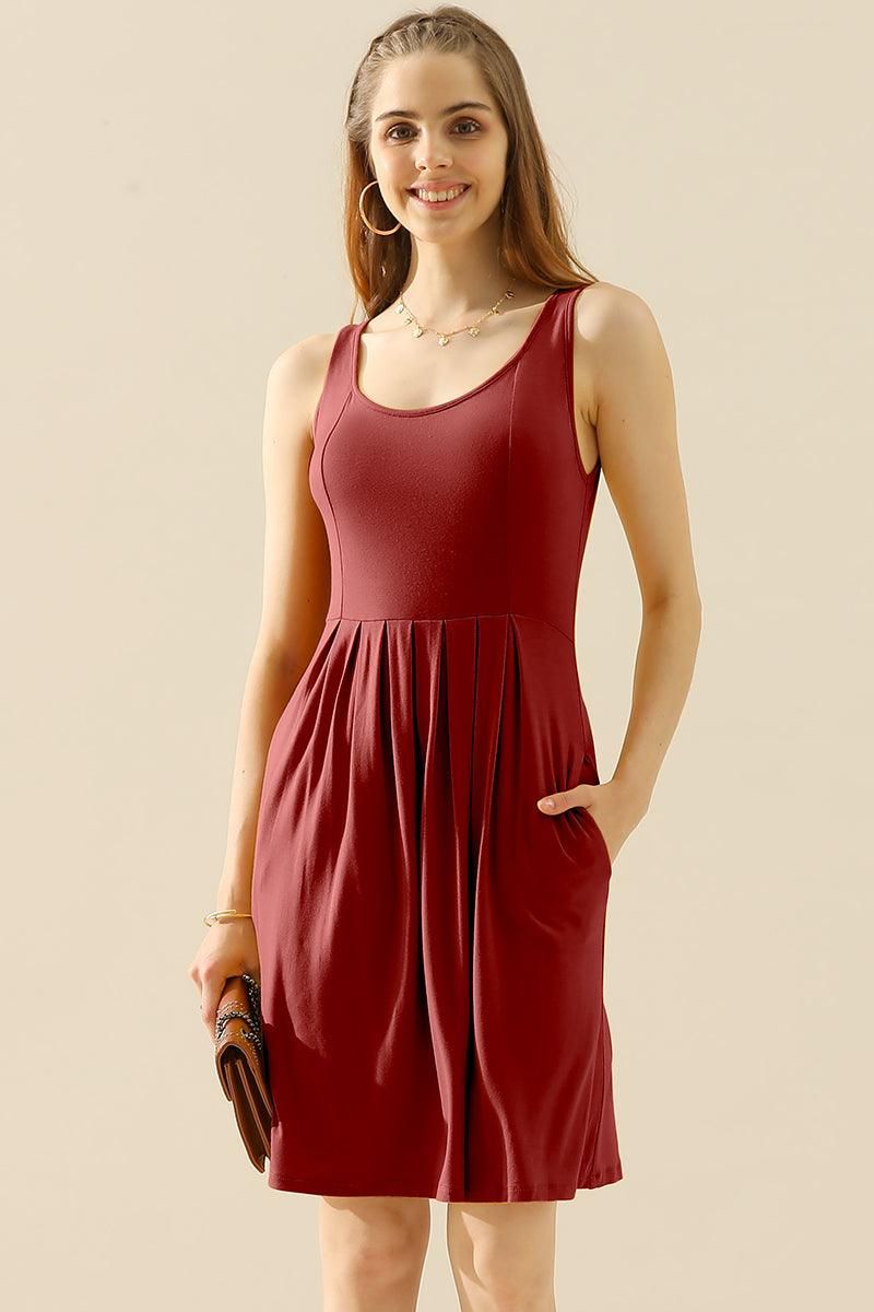 CASUAL SLEEVELESS PLEATED POCKETS DRESSES - Doublju