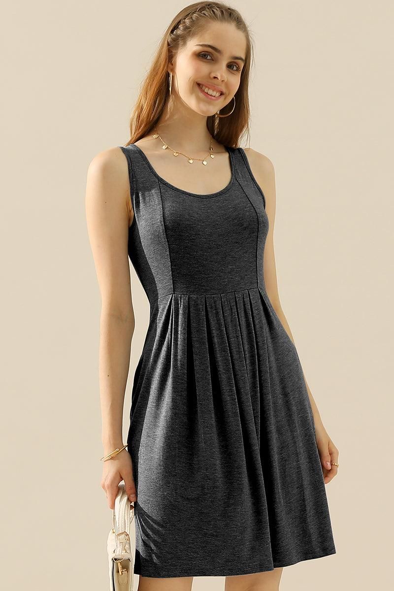 CASUAL SLEEVELESS PLEATED POCKETS DRESSES - Doublju